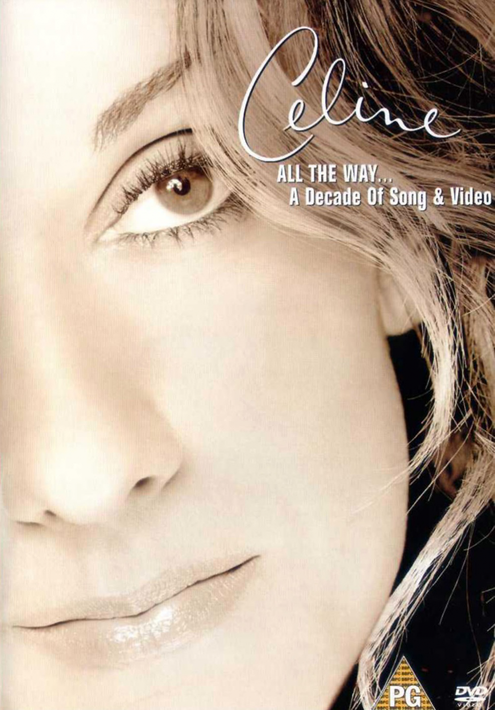 Celine album borítója az arcával és az 'All The Way...A Decade Of Song & Video' címmel.