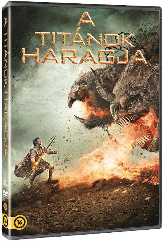 DVD borító harcossal, kétfejű szörnyekkel és a 'Wrath of the Titans' címmel.