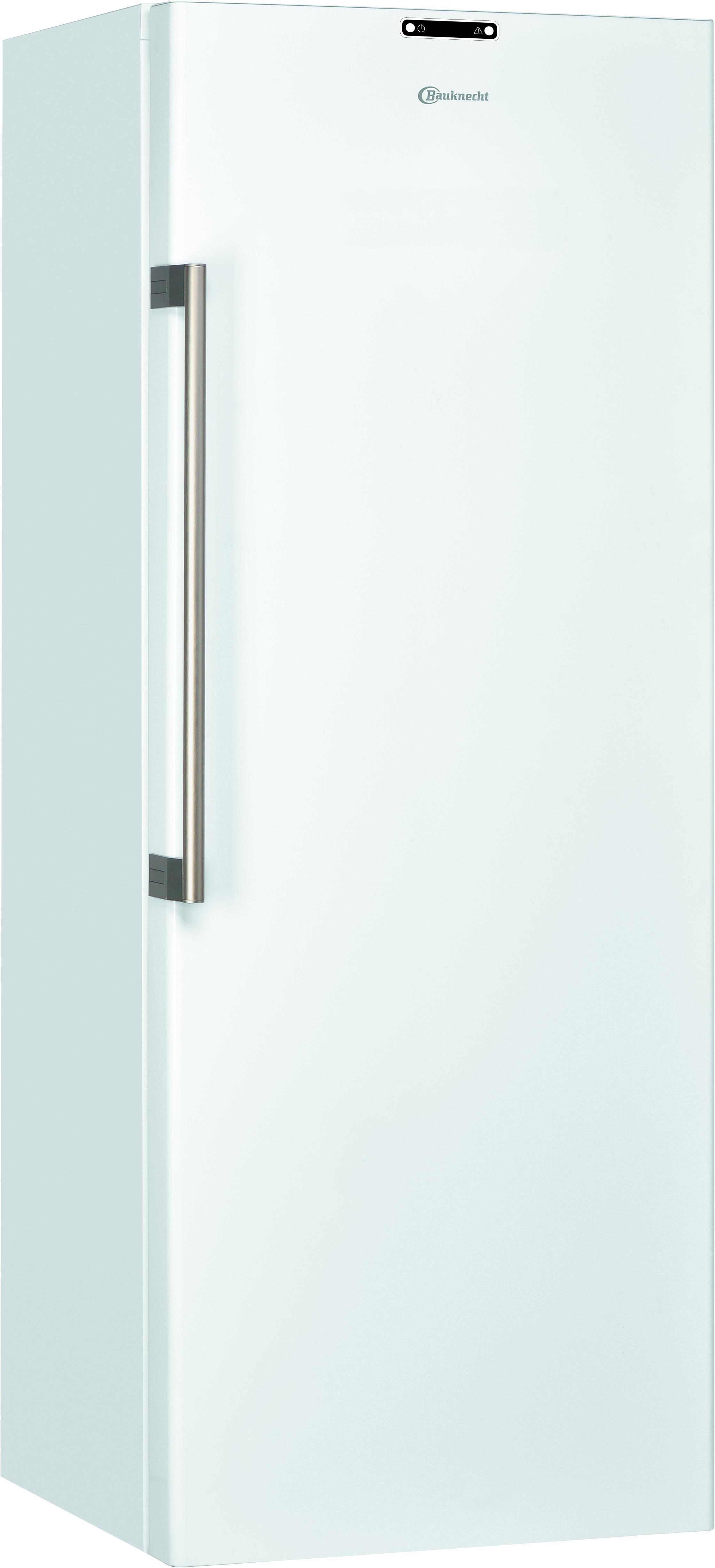 Weißer Bauknecht Kühlschrank. Weiße Tür, silberner Griff. Schlichtes Design, hoch und rechteckig.