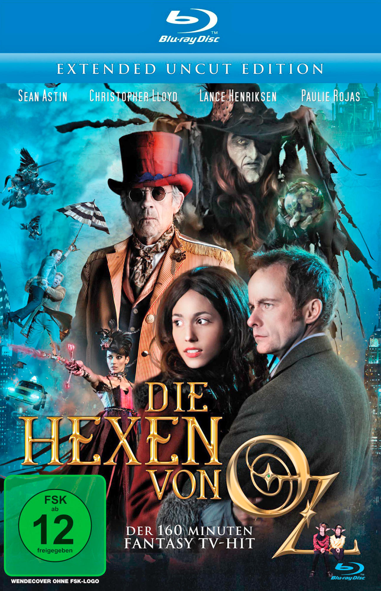Oz Die Hexen DVD-Cover mit Schauspielern und Titeltext. Blauer Hintergrund mit Stadtansichten.