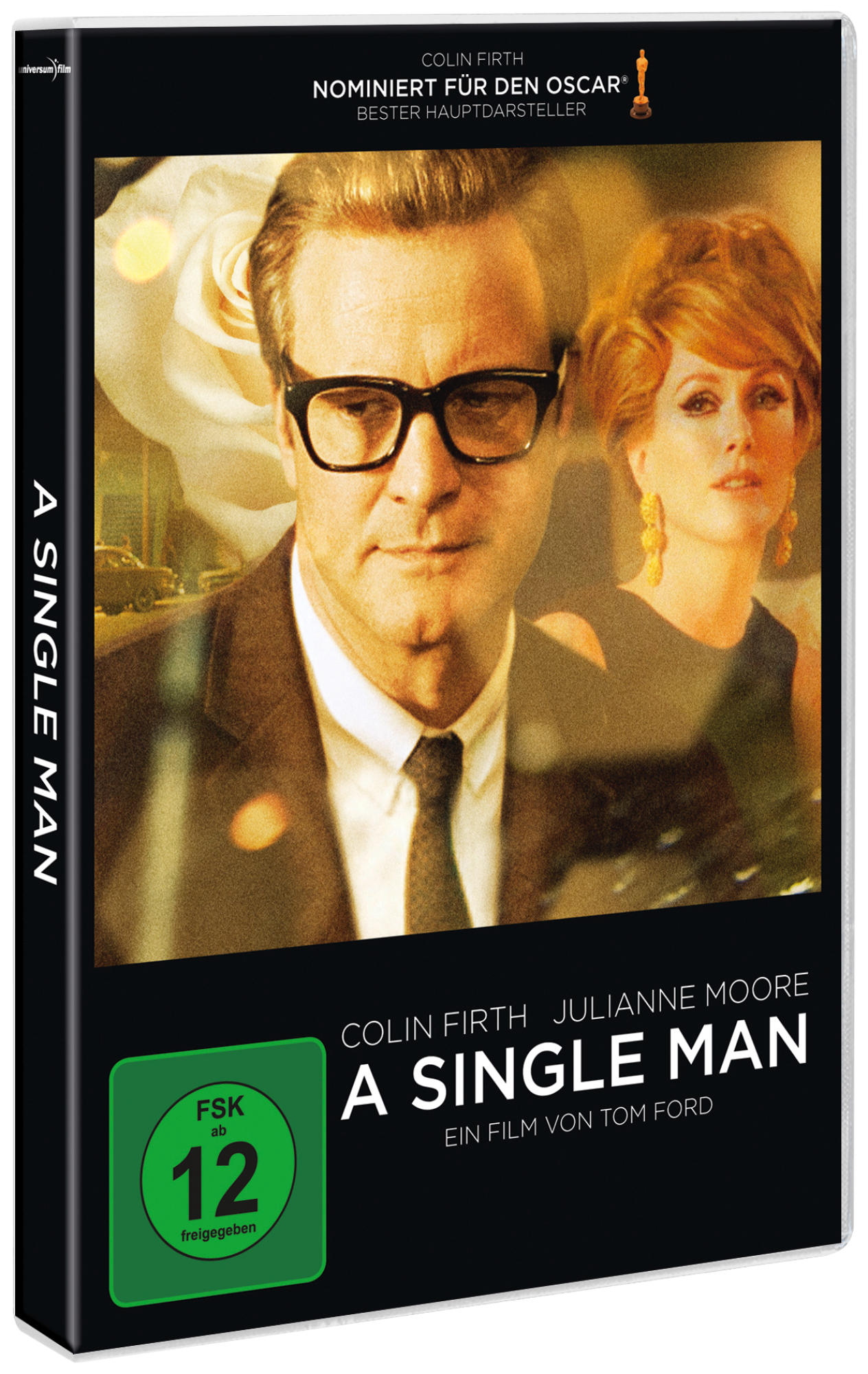 DVD-Cover: A Single Man, mit Colin Firth und Julianne Moore. Schwarzer Hintergrund.