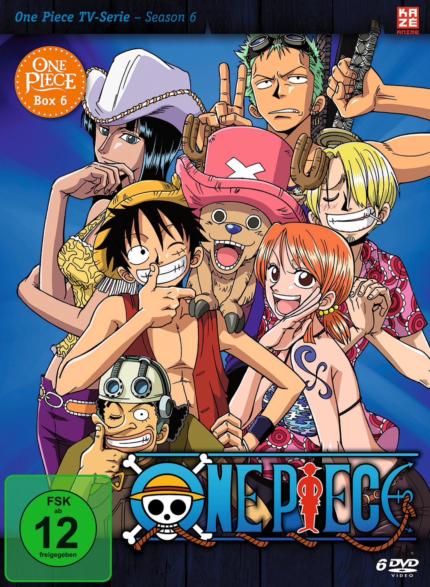 One Piece DVD-Cover. Eine Gruppe von Anime-Charakteren lächelt, mit Text und einem Logo.