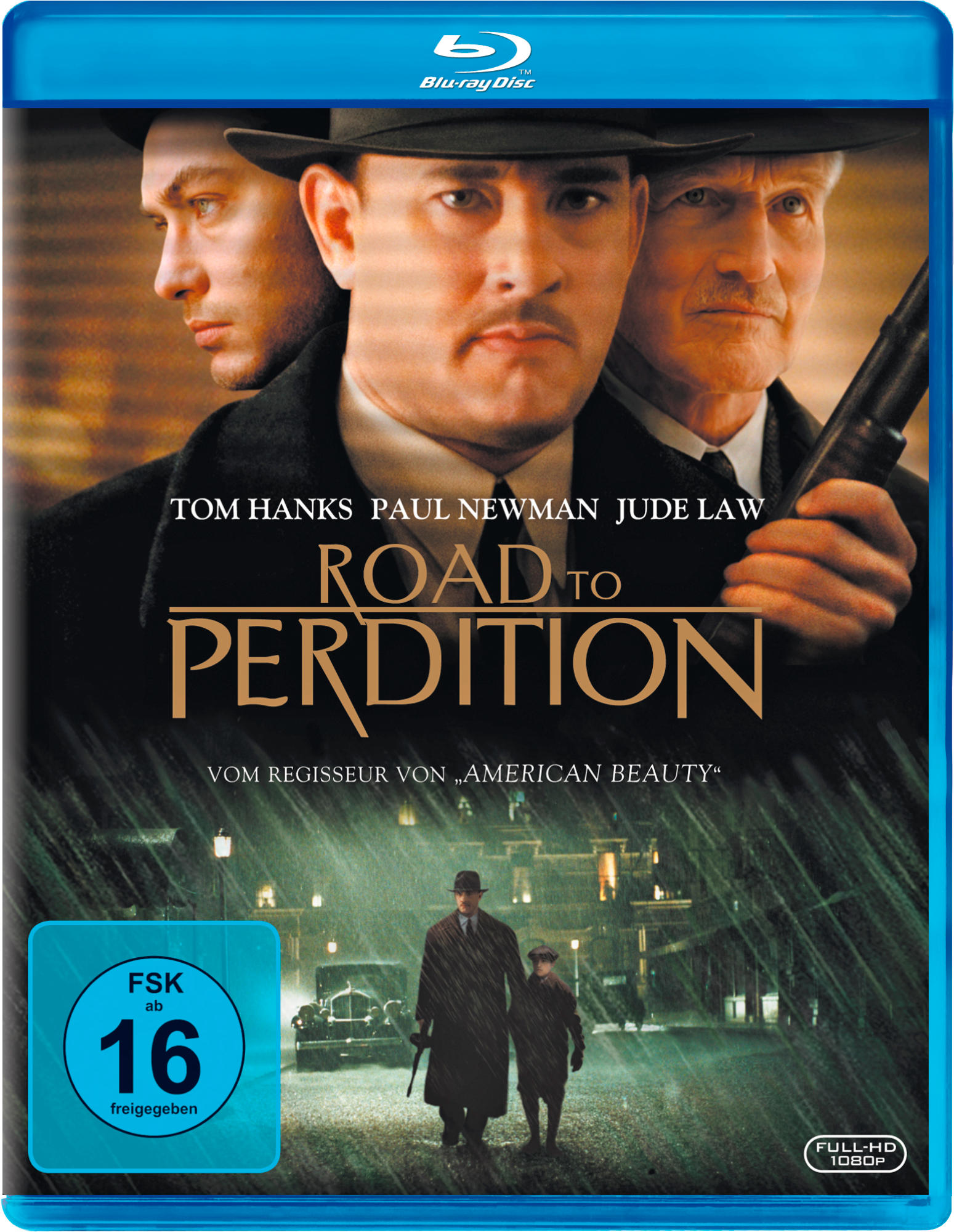 Filmcover. Tom Hanks und Paul Newman in einem dunklen Mantel. Titel: Road to Perdition.