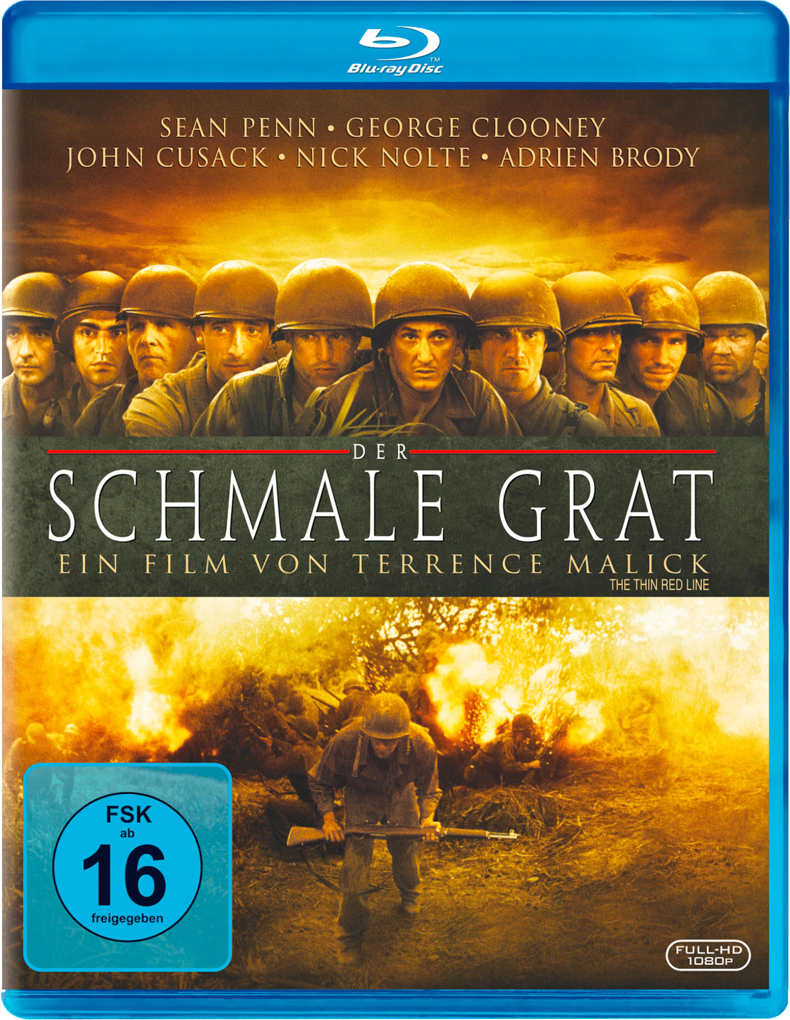 Blu-ray-Cover von 'Der schmale Grat'. Soldaten mit Helmen blicken nach vorne; feuriger Hintergrund. Titel und Schauspieler gelistet.