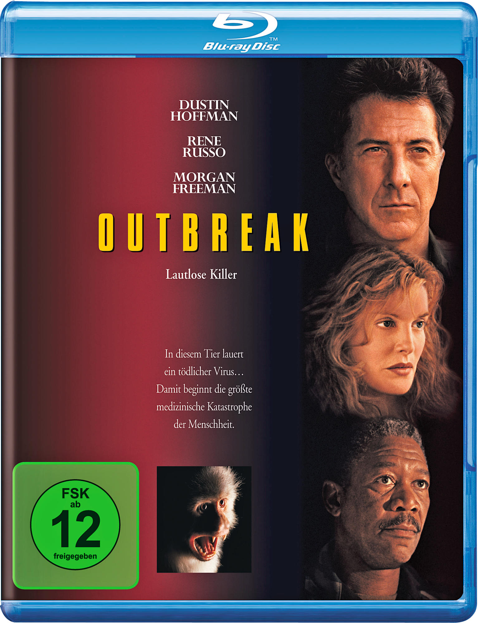 Filmcover mit Dustin Hoffman, Rene Russo und Morgan Freemans Gesichtern und einem Affen.