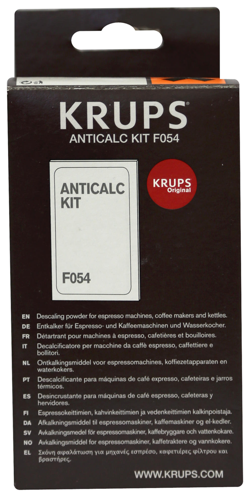 Box von KRUPS ANTICALC KIT F054. Text: Entkalkungspulver für Espressomaschinen, Kaffeemaschinen und Wasserkocher.