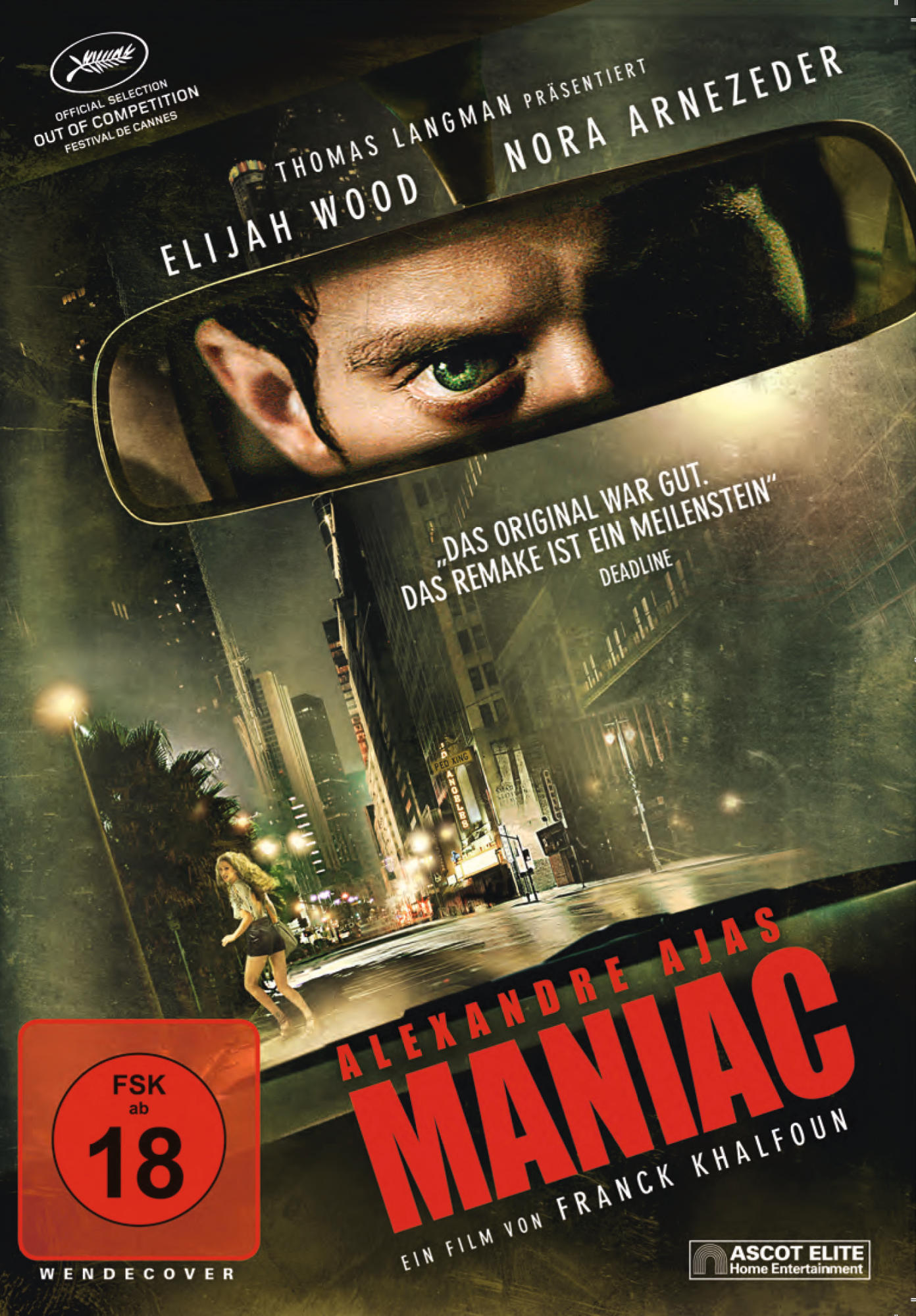 DVD-Cover, ein Autospiegel mit dem Gesicht eines Mannes. Eine Frau rennt im Hintergrund. Text: Maniac.