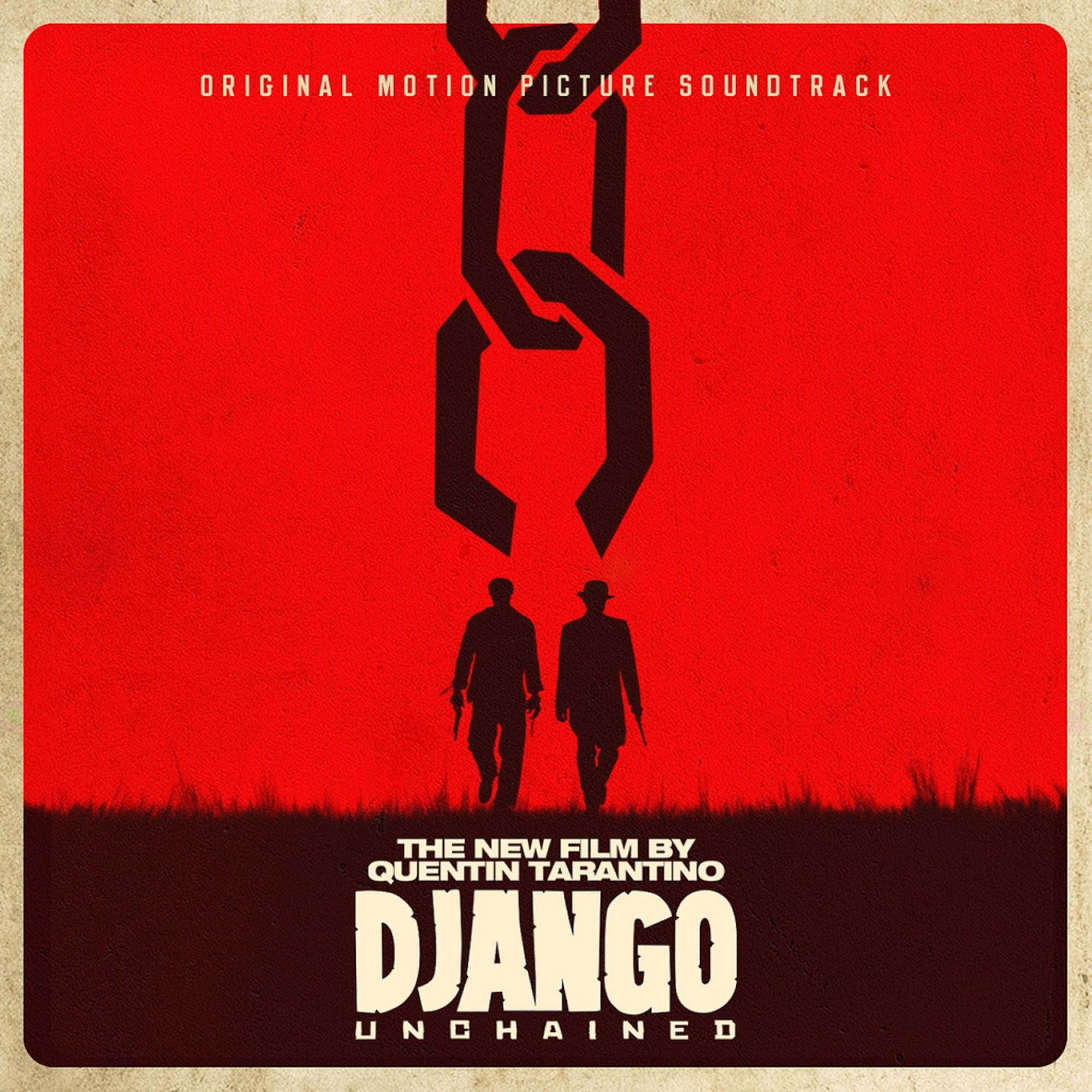 Affiche du film Django Unchained. Silhouettes de deux hommes marchant avec des armes, rouge et noir.