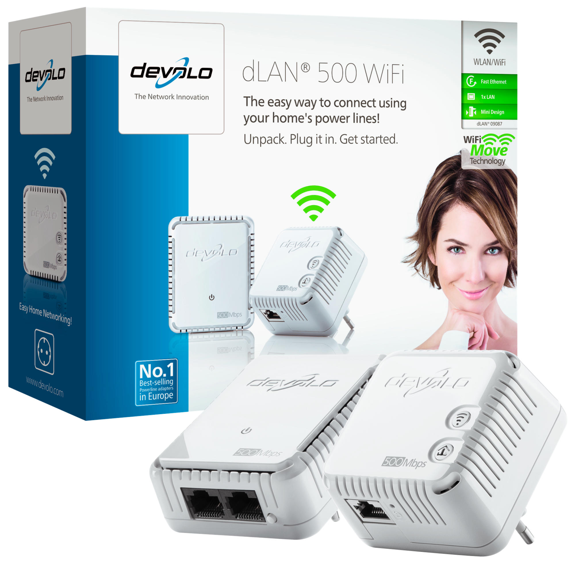 Adaptador PLC - Devolo DLAN 500 Starter Kit, WiFi N, 500Mbps
