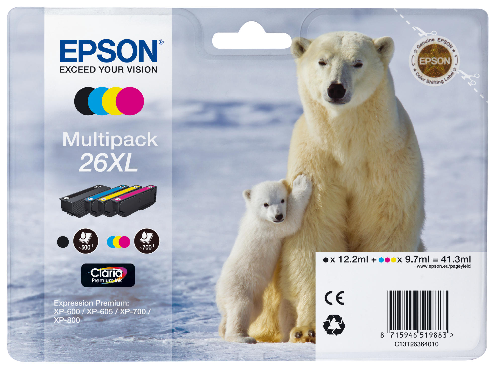 Epson Tintenpatronen-Verpackung mit Eisbären. Text: Multipack 26XL, Epson-Logo.