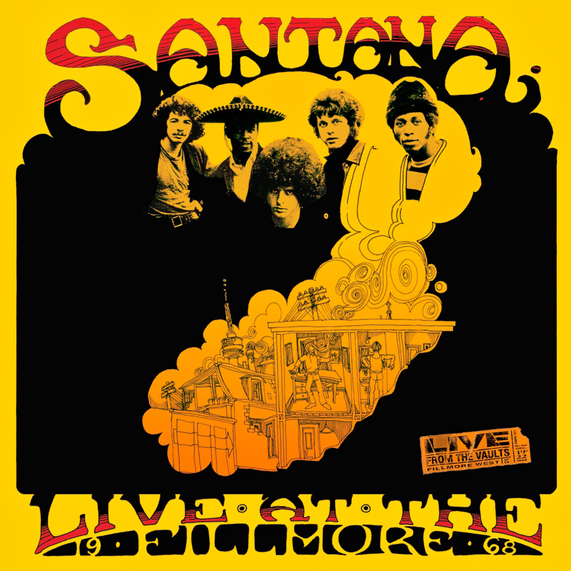Albumcover mit Gesichtern der Bandmitglieder, Illustration von auftretenden Menschen, gelber und schwarzer Hintergrund.
