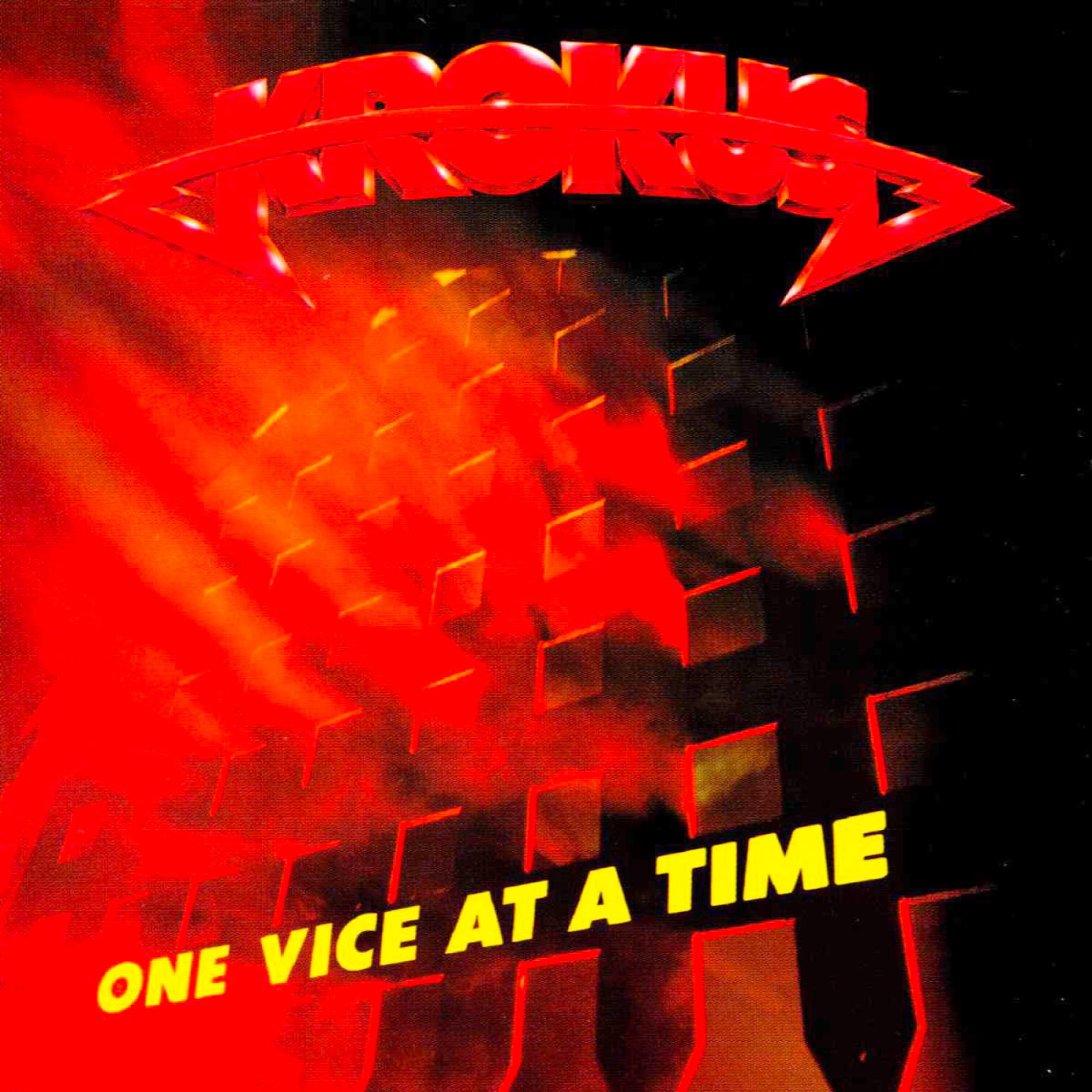 Albumcover für Krokus' "One Vice at a Time", ein rotes, geometrisches Design auf schwarzem Grund.