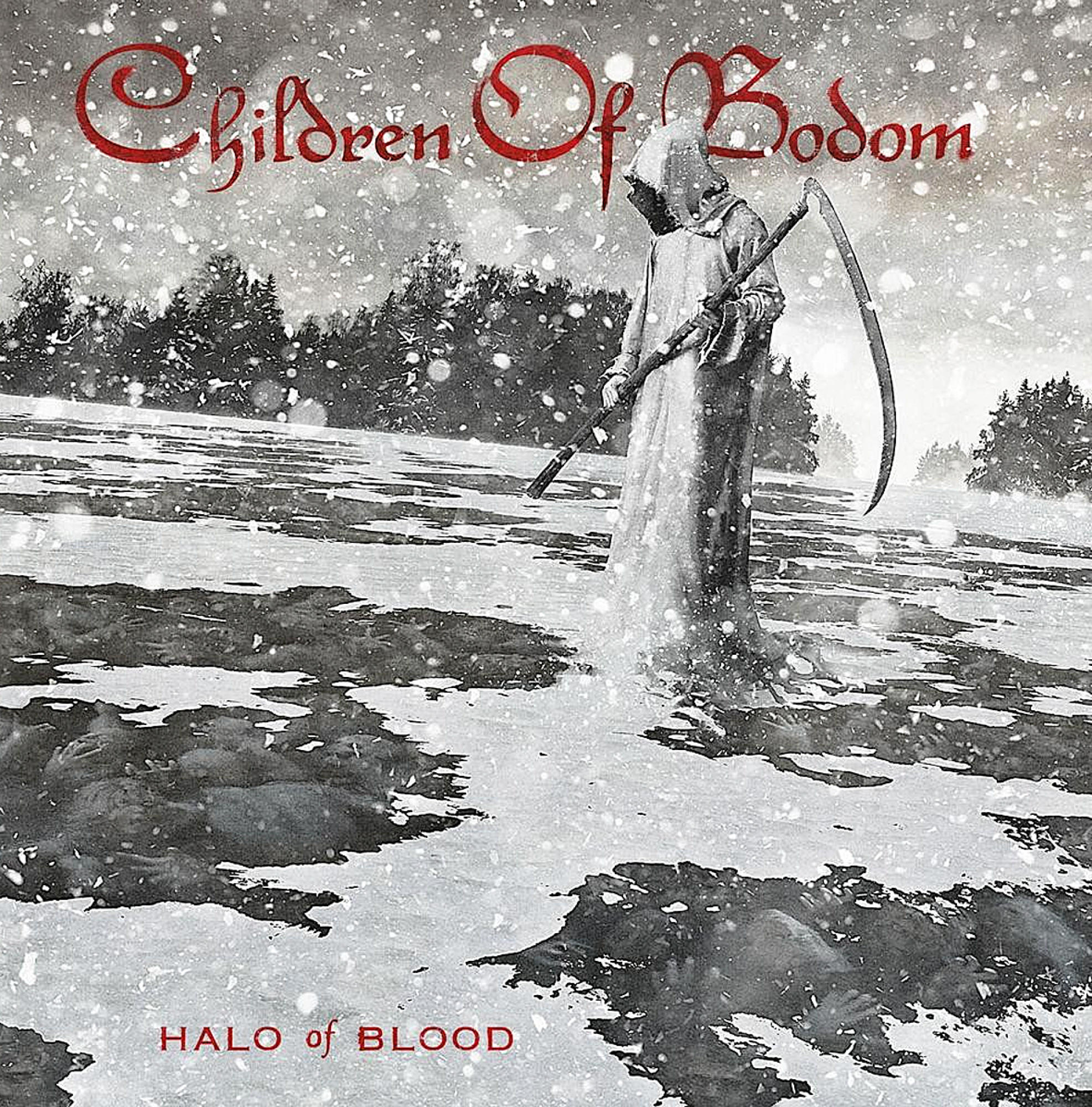 Verschneite Szene mit einer vermummten Figur mit Sense, Titel 'Children of Bodom' und 'Halo of Blood'.