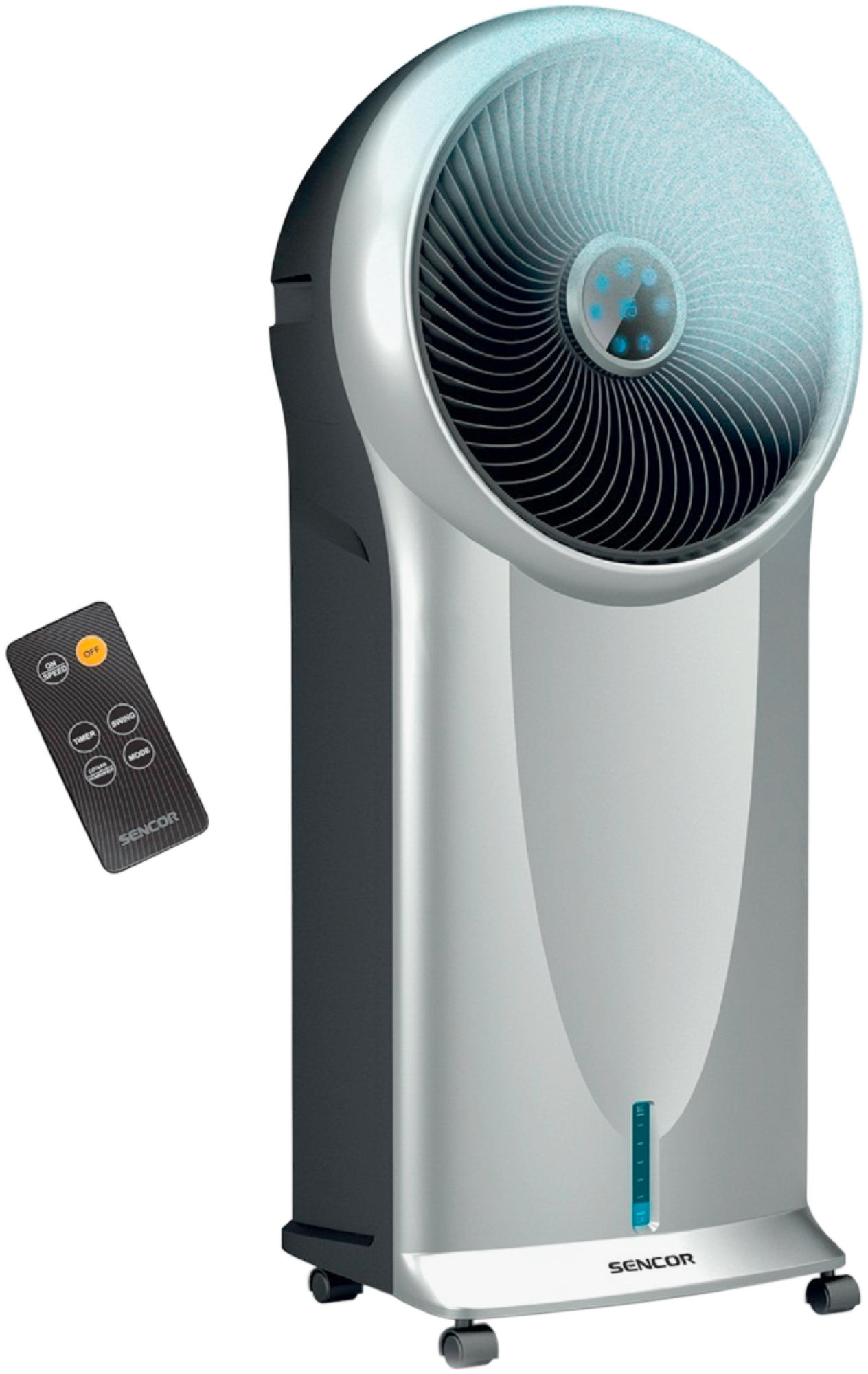 Ezüst és szürke Sencor légkeverő távirányítóval. Egy ventilátor található mögötte.