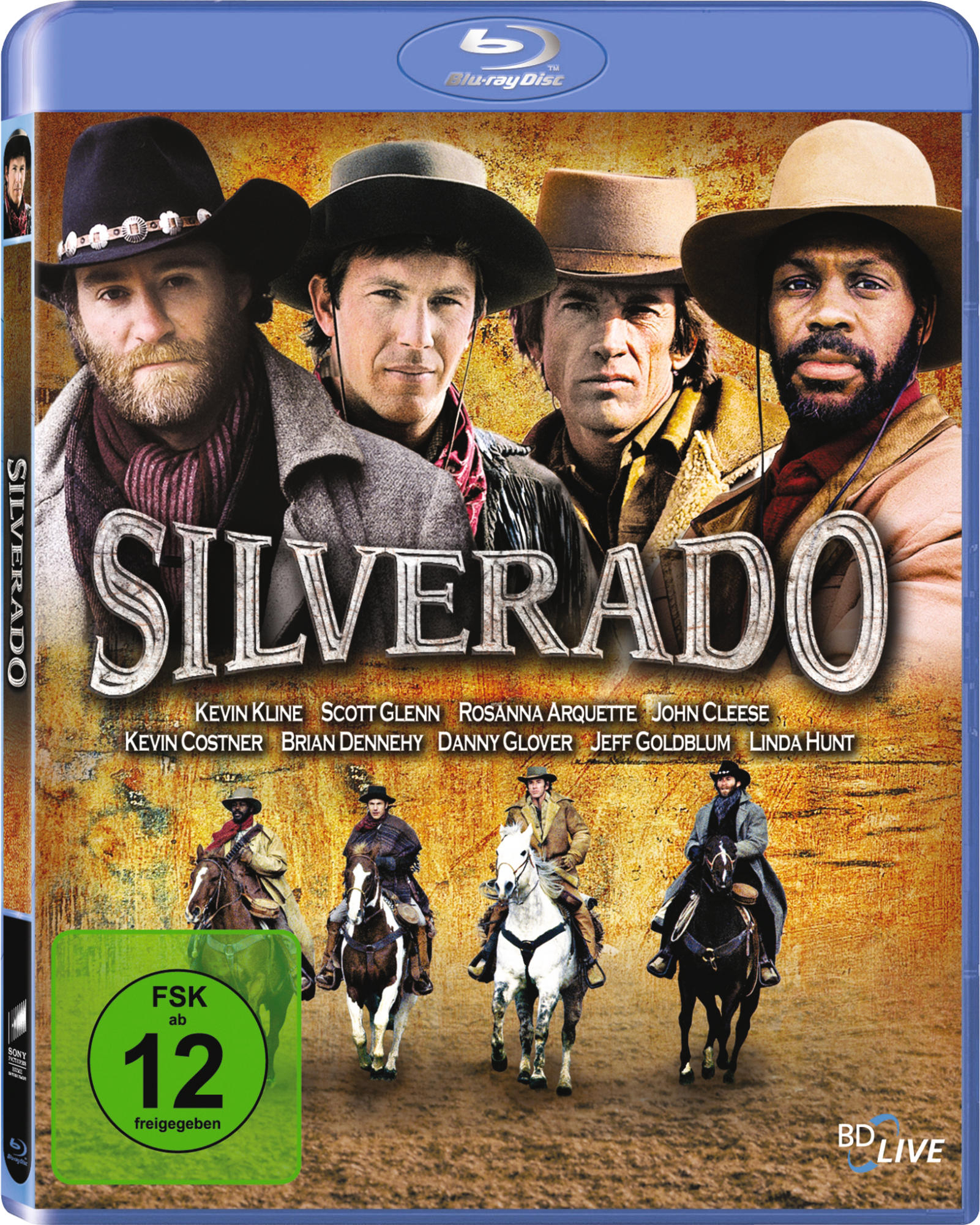 Filmcover: Vier Männer auf Pferden mit Cowboyhüten. Titel: Silverado. Namen der Schauspieler aufgeführt.