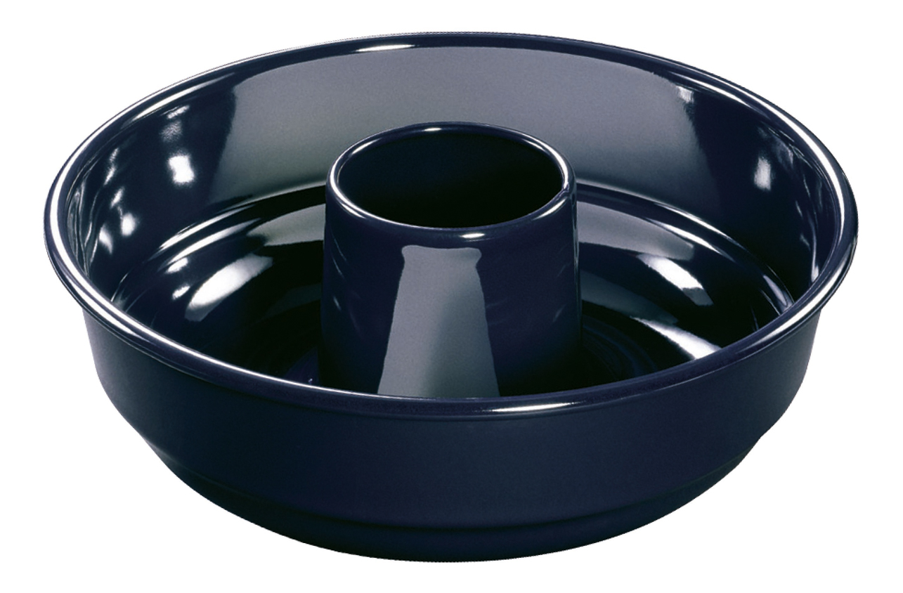 Dunkelblaue Gugelhupf-Form mit einem zentralen Rohr. Glänzende Oberfläche.