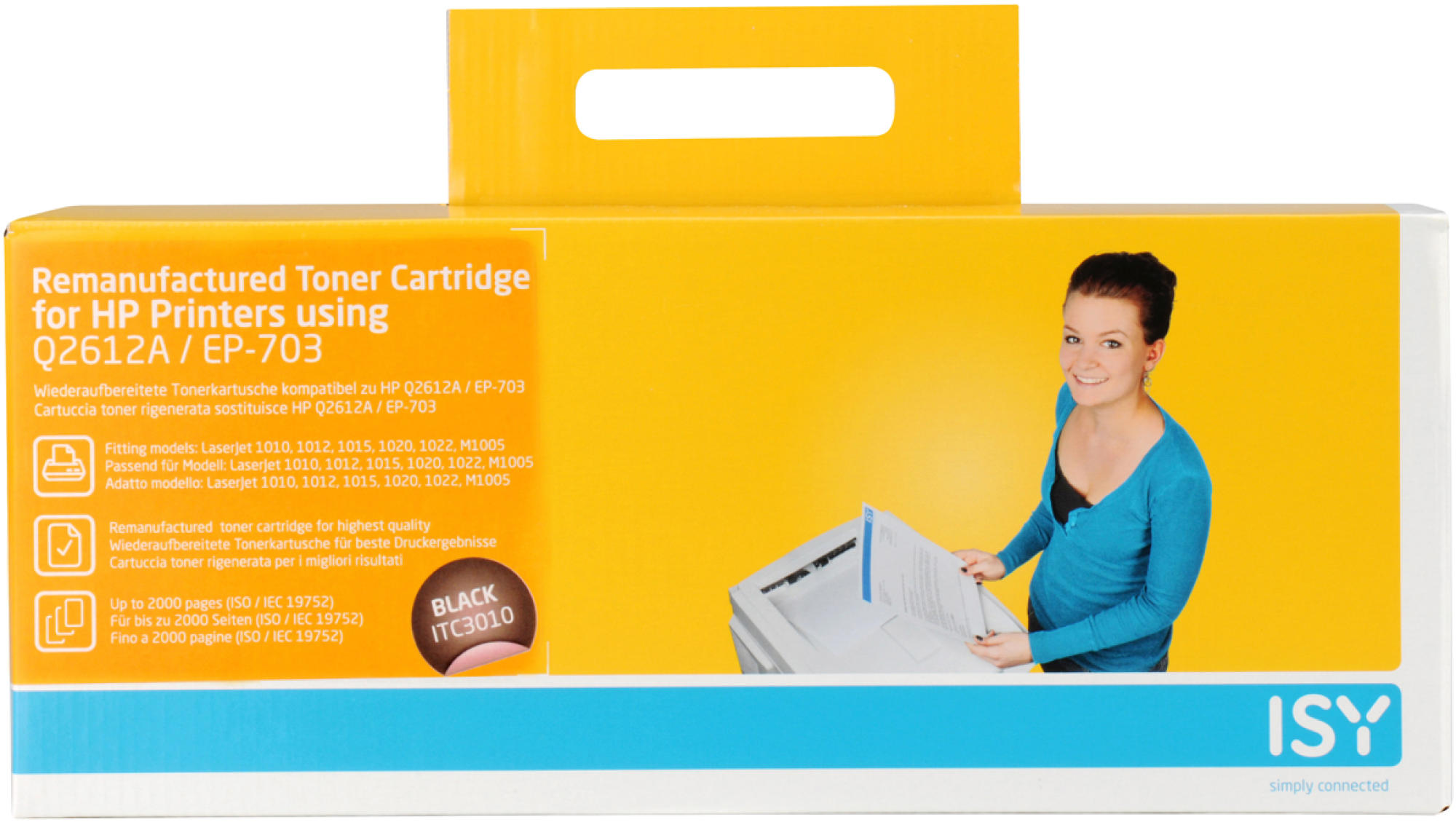 Tonerkartuschenbox mit Frau, die ein Papier hält, blau-gelbes Farbschema.
