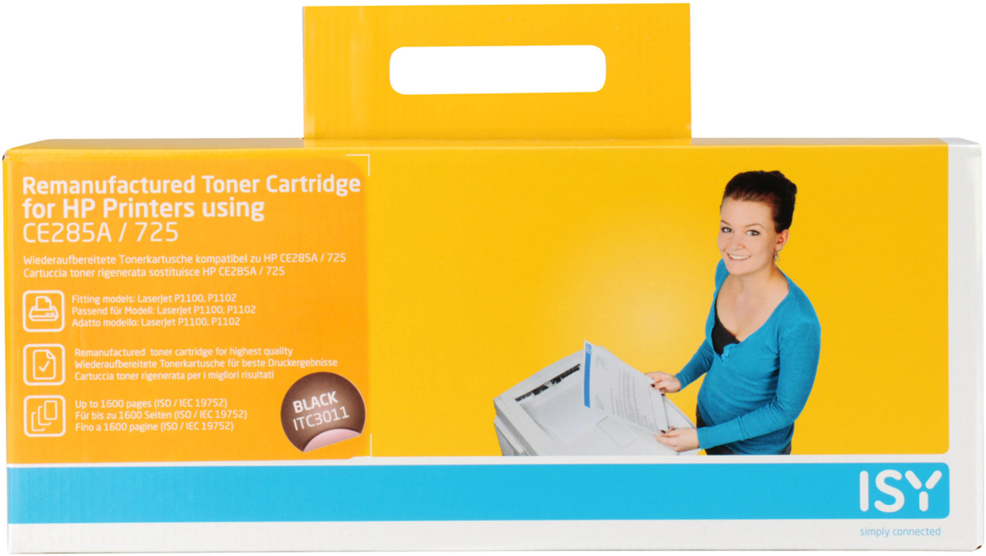 Eine Box mit Tonerpatronen für HP-Drucker, mit einer Frau, die ein Papier hält.