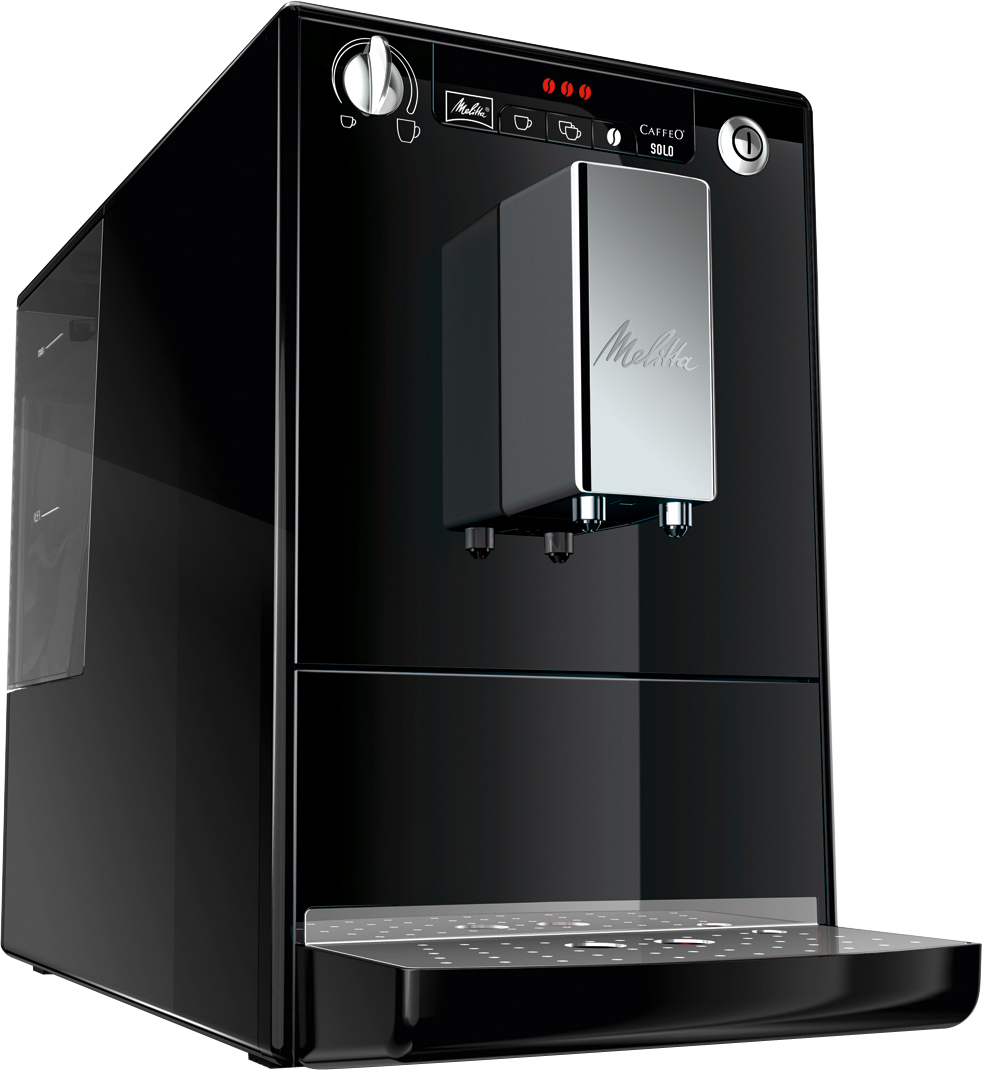 Schwarze Melitta Caffeo Solo Kaffeemaschine. Sie hat eine silberne Front und Bedienelemente oben.