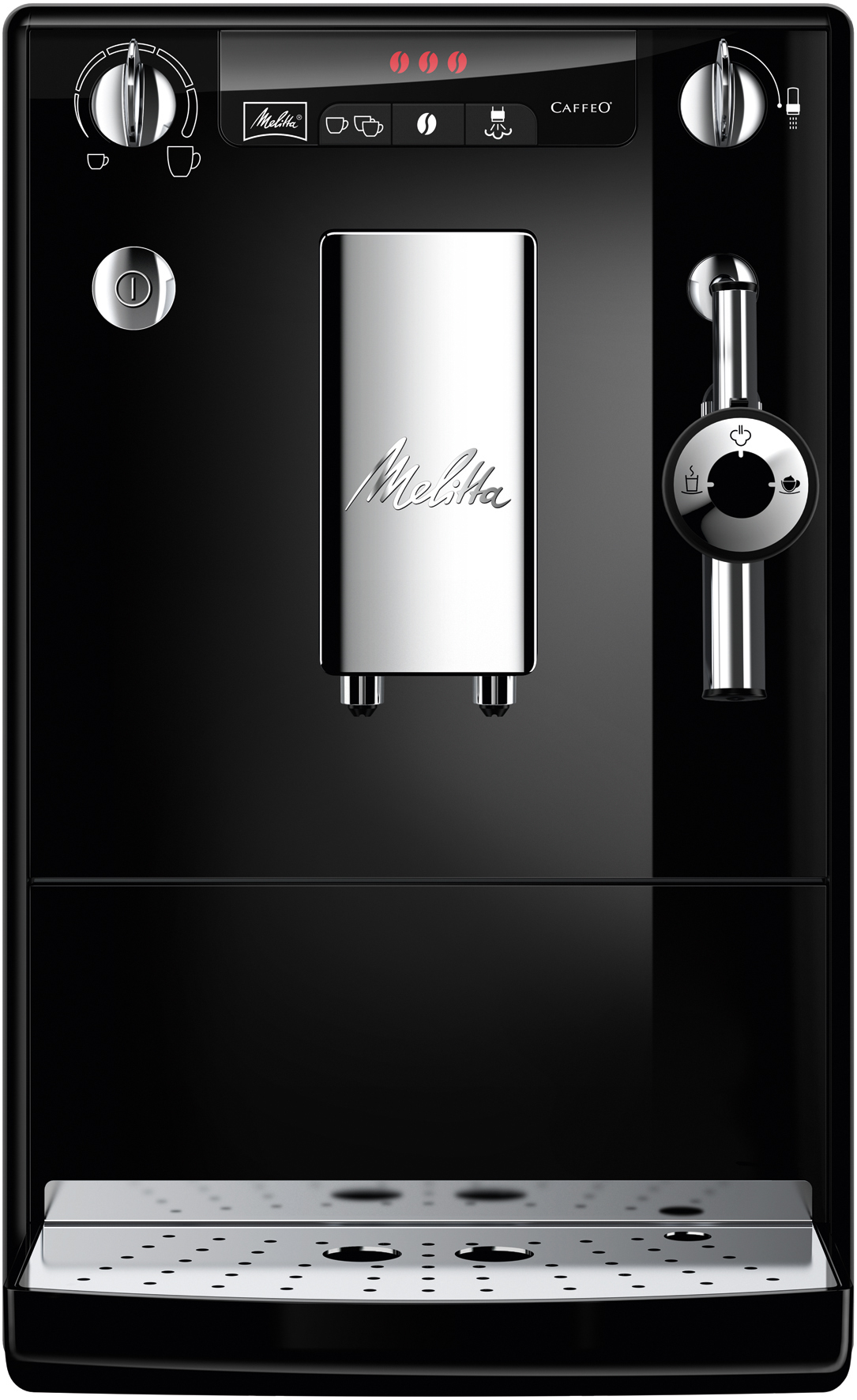 Schwarze Kaffeemaschine. Silbernes Melitta-Logo. Knöpfe, Ausguss und Wasserbehälter.