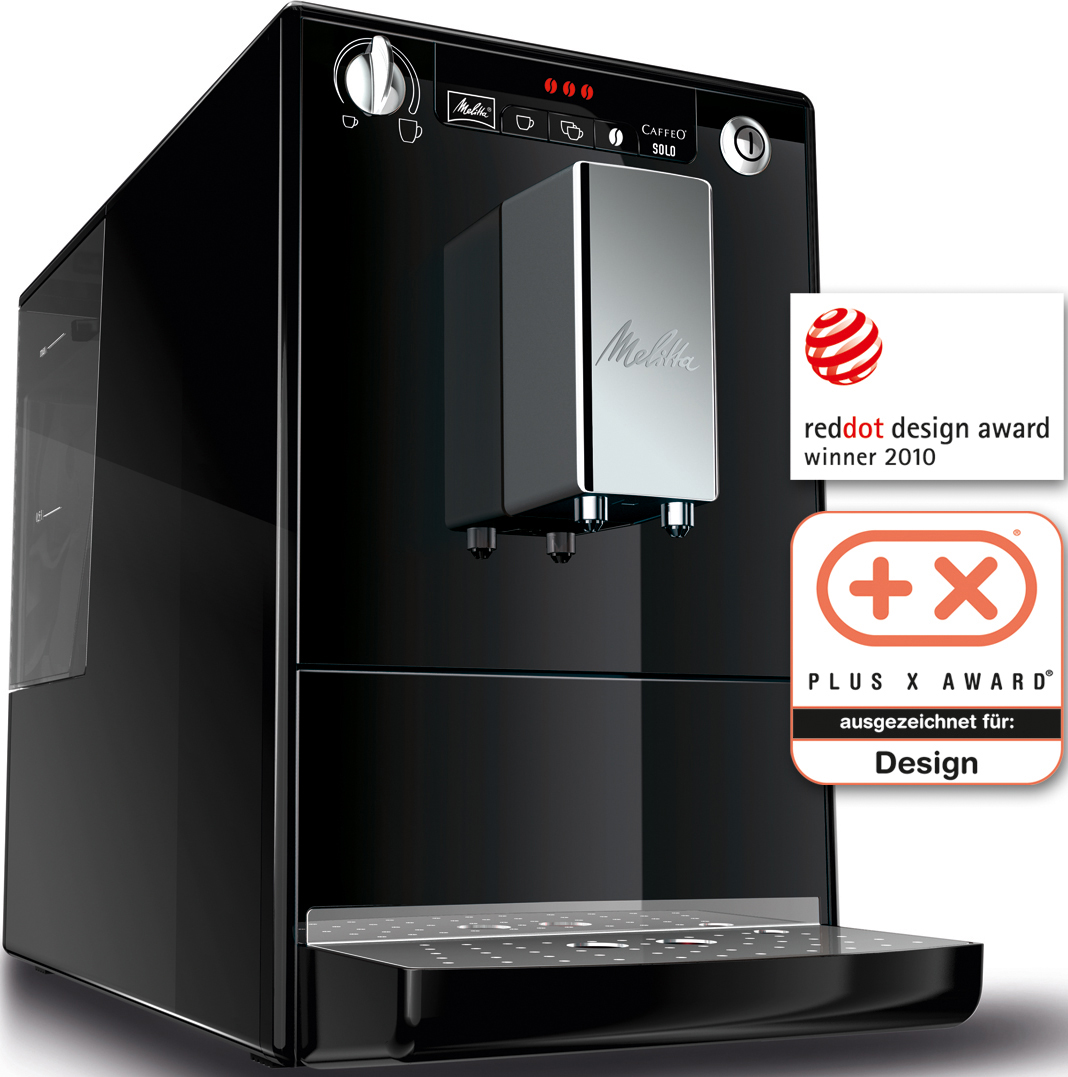 Schwarze Melitta Caffeo Solo Kaffeemaschine mit rotem Design Award Aufkleber.
