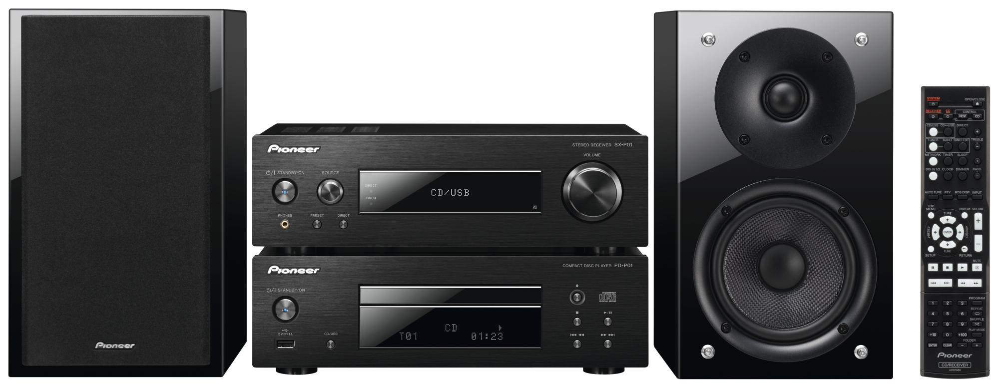 Ein schwarzes Pioneer Stereo-System, mit Lautsprechern, einem CD-Player und einem Receiver, plus Fernbedienung.