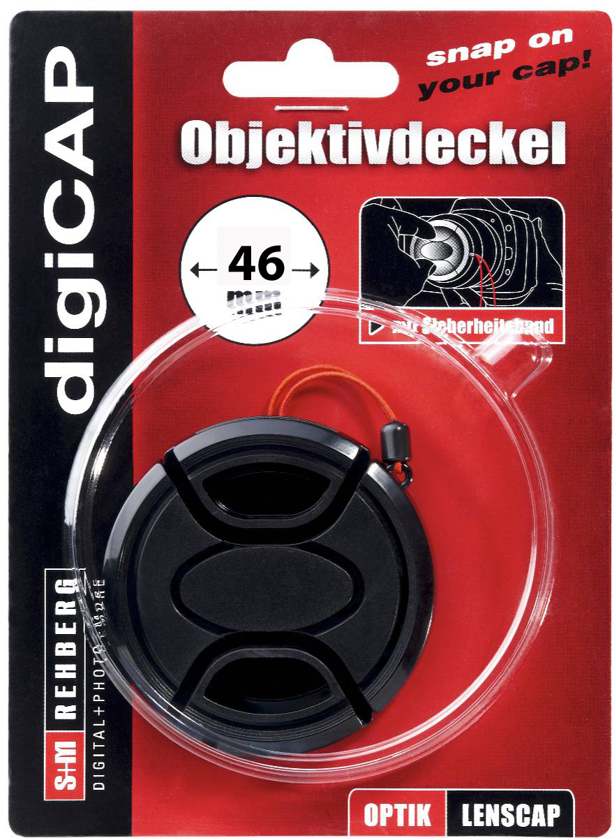 Schwarze Objektivkappe mit rotem und weißem digiCAP-Label und klarem Ring.