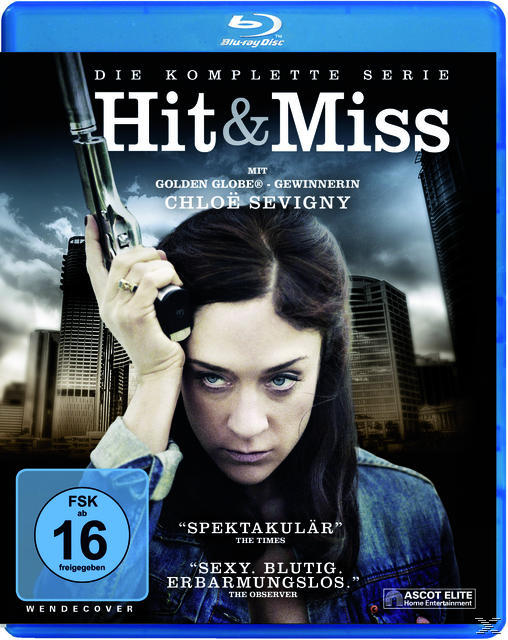 DVD-Cover: Frau mit Pistole, Titel "Hit & Miss". Skyline im Hintergrund.