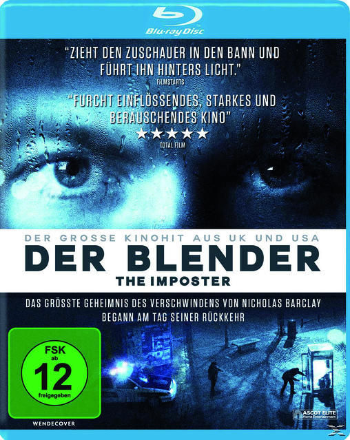 Filmposter für 'Der Blender - The Imposter', Nahaufnahme der Augen eines Mannes im Regen.