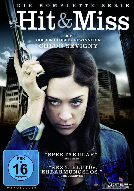 DVD-Cover: Eine Frau hält eine Waffe. Text: Hit & Miss. Gebäude im Hintergrund.