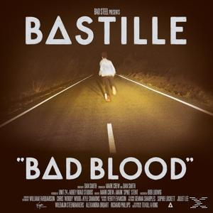 Albumcover von Bastille, eine Person rennt auf einer Straße, Titel: Bad Blood, mit dem Bandnamen prominent angezeigt.