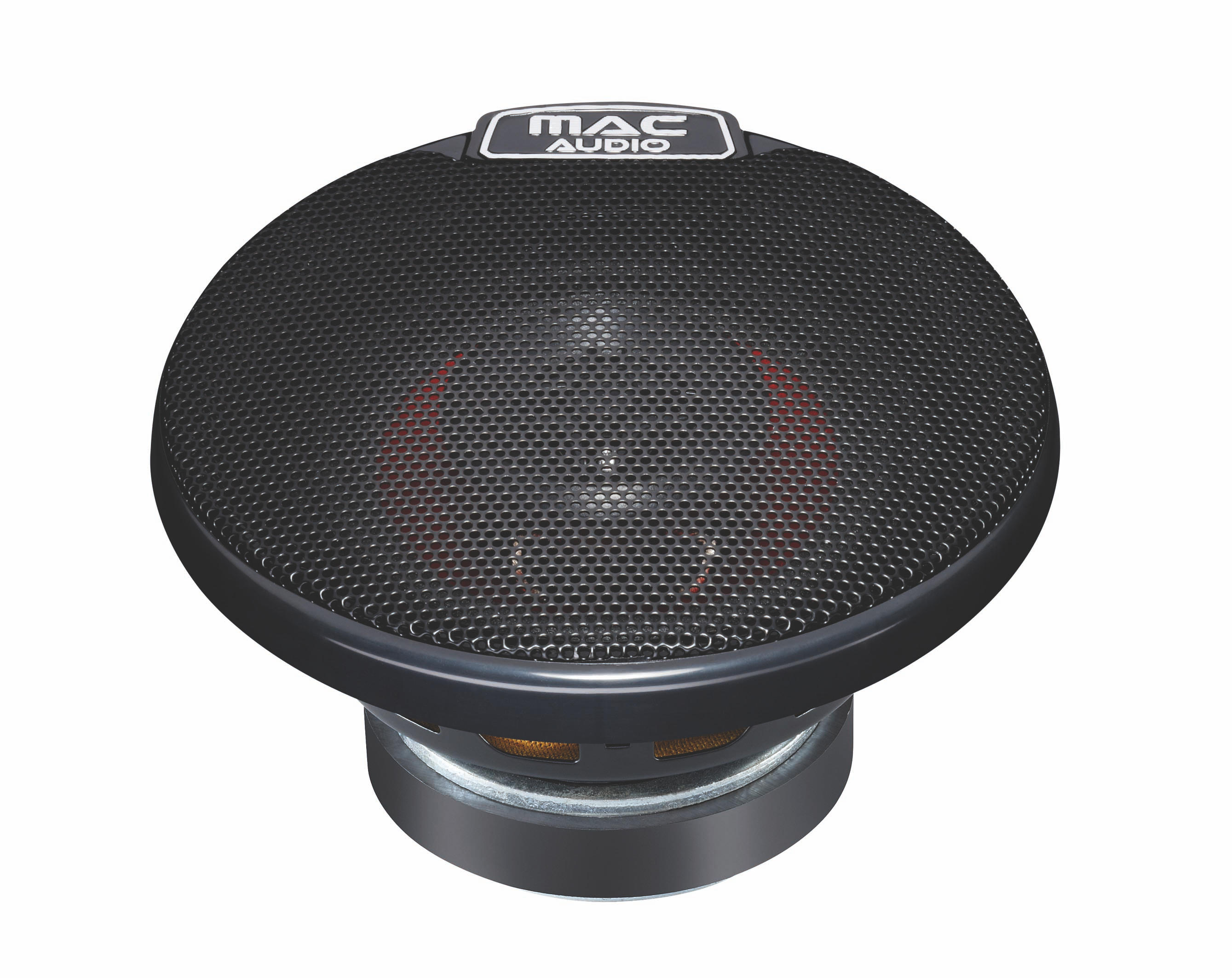 Ein schwarzer Lautsprecher mit einem Mesh-Cover, MAC AUDIO-Label und roten Akzenten.