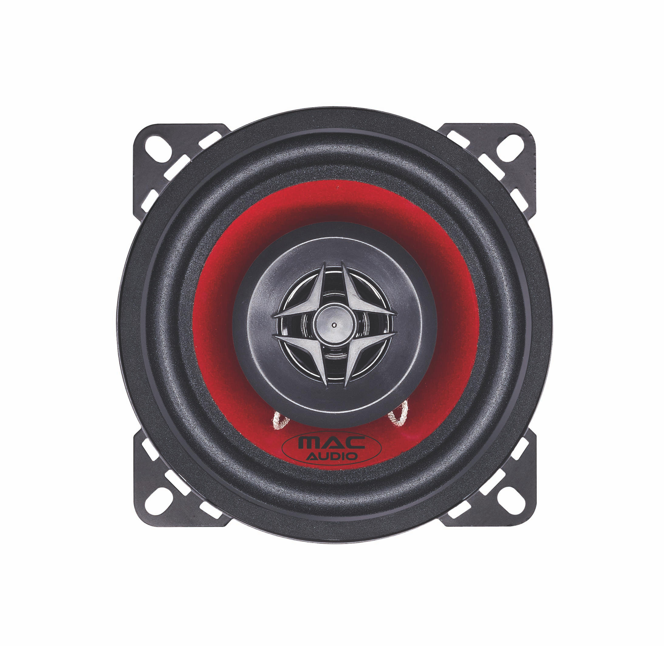 Runder Autolautsprecher. Schwarz mit rotem Ring und silbernem Zentrum mit MAC AUDIO Logo.
