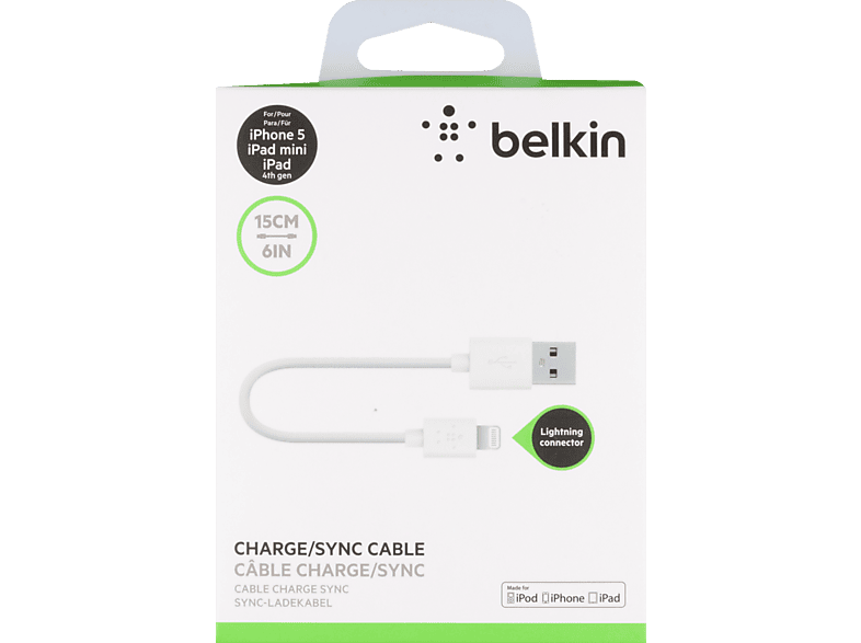 BELKIN Lightning-Kabel, 0.15m, Ladekabel, m, Weiß 0,15