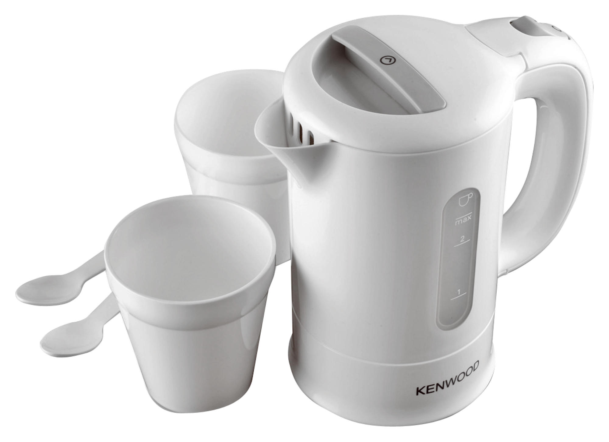 White electric kettle, two cups and two spoons. The set is on a white surface.