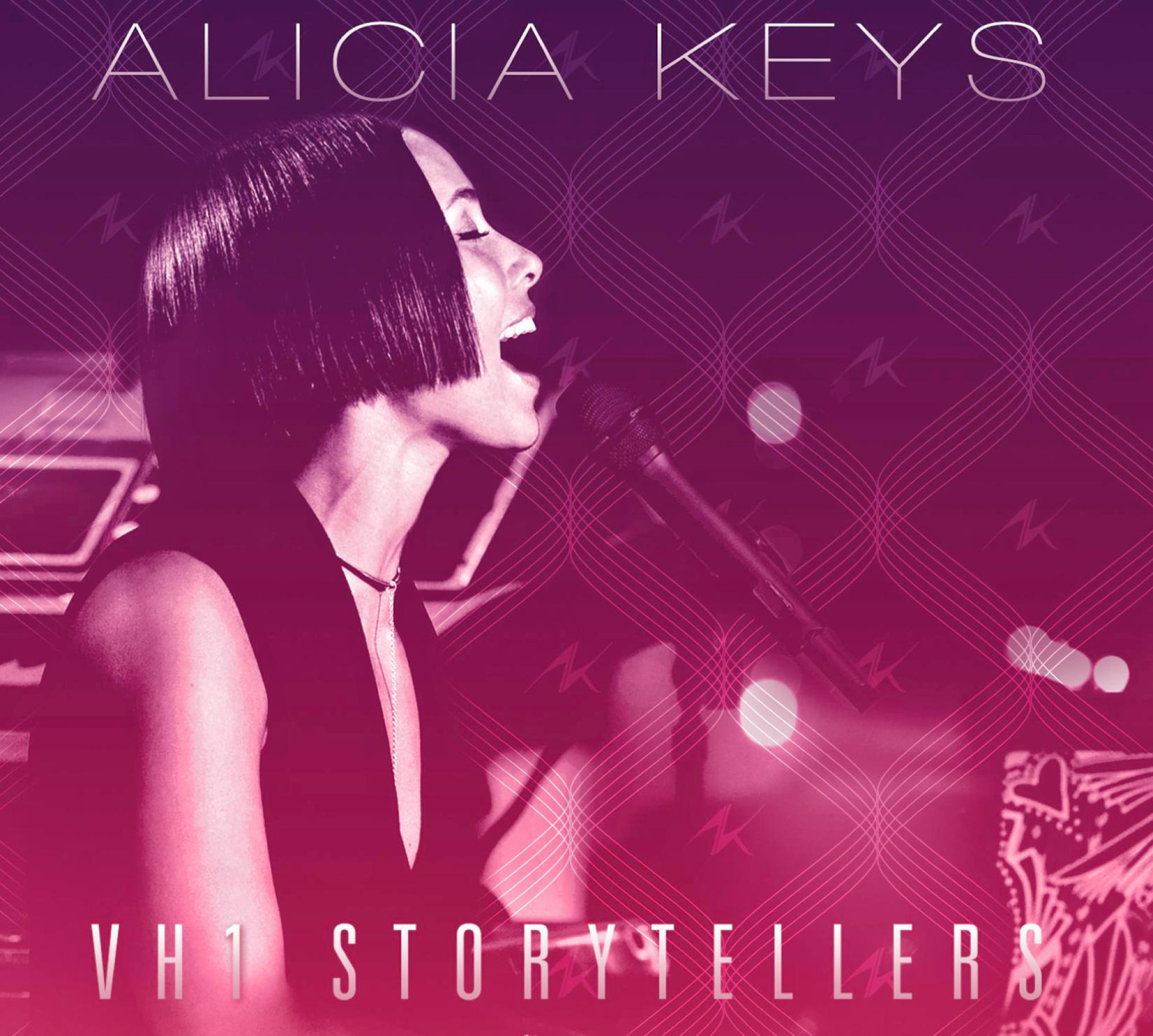 Alicia Keys Albumcover: singt in ein Mikrofon, mit lila Farbverlauf im Hintergrund und Text.