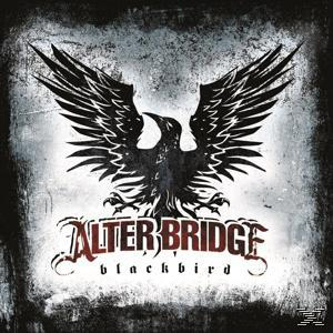 Schwarzer Vogel mit ausgebreiteten Flügeln über dem Text "Alter Bridge" und "blackbird" auf grauem Hintergrund.