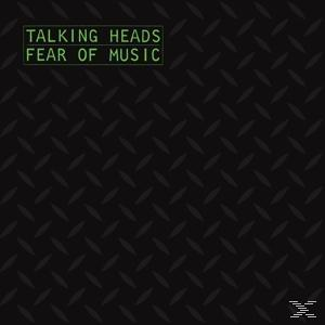 Schwarzes strukturiertes Albumcover mit grünem Text 'TALKING HEADS FEAR OF MUSIC'.