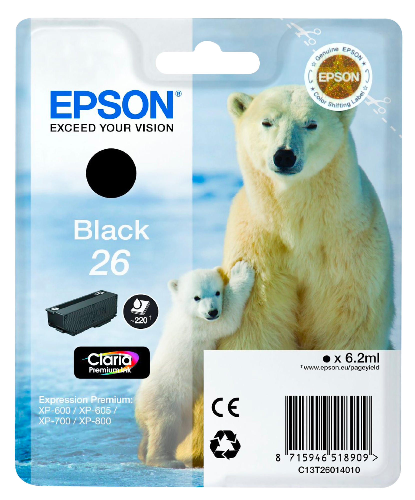 Tintenpatronenverpackung mit Eisbären und Jungtier. Blauer, eisiger Hintergrund.