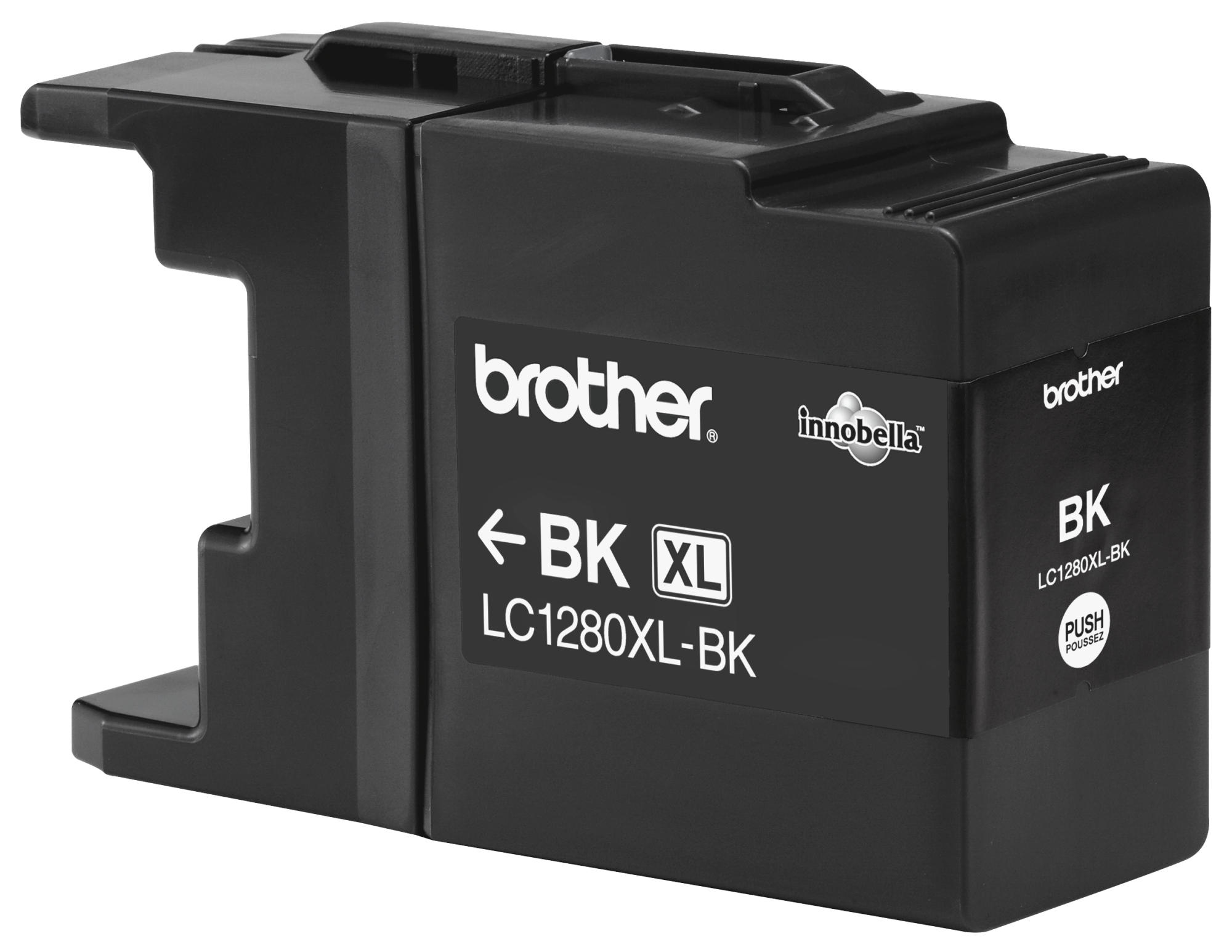 Czarny wkład atramentowy Brother z napisem 'BK XL LC1280XL-BK'. Wkład ma unikalny kształt.