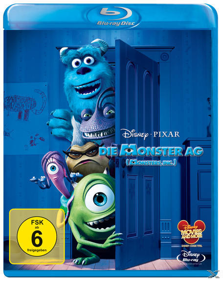 Blu-ray-Hülle mit Monsters, Inc.-Charakteren: Sully, Mike und andere. Tür im Hintergrund.