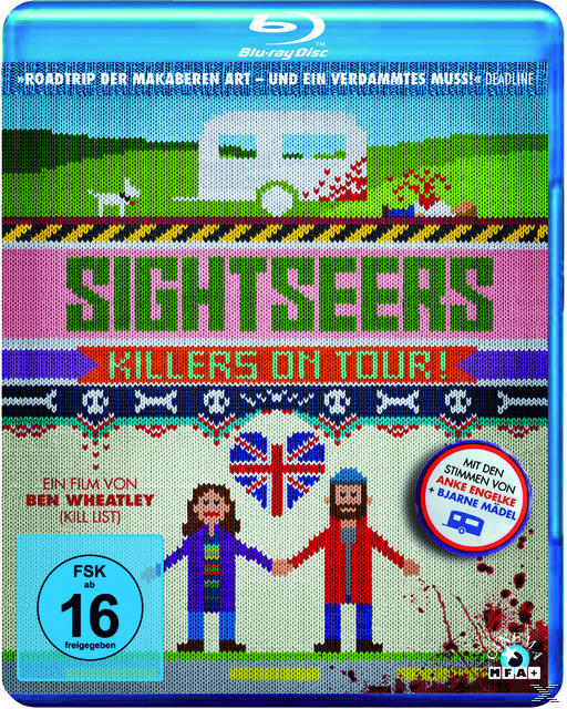 Sightseers Blu-ray Cover, Strickdesign, zwei Figuren halten Hände.
