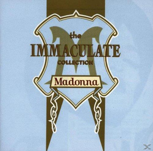 Madonna Albumcover: The Immaculate Collection. Blaues und weißes Design. Titel: The Immaculate Collection.