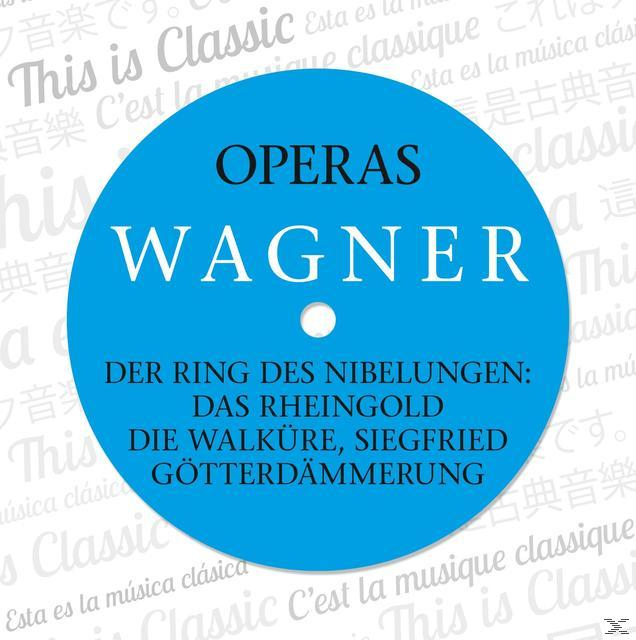 CD-Cover. Ein blauer Kreis mit Text: Operas Wagner. Text in verschiedenen Sprachen über den Ring-Zyklus.