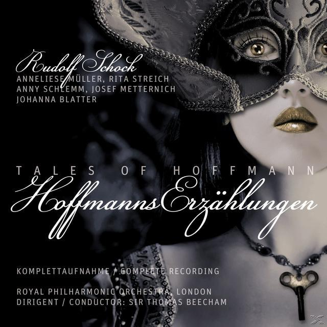 Opernalbumcover. Frau mit Maske, Schlüssel, Text in Weiß auf schwarzem Hintergrund.