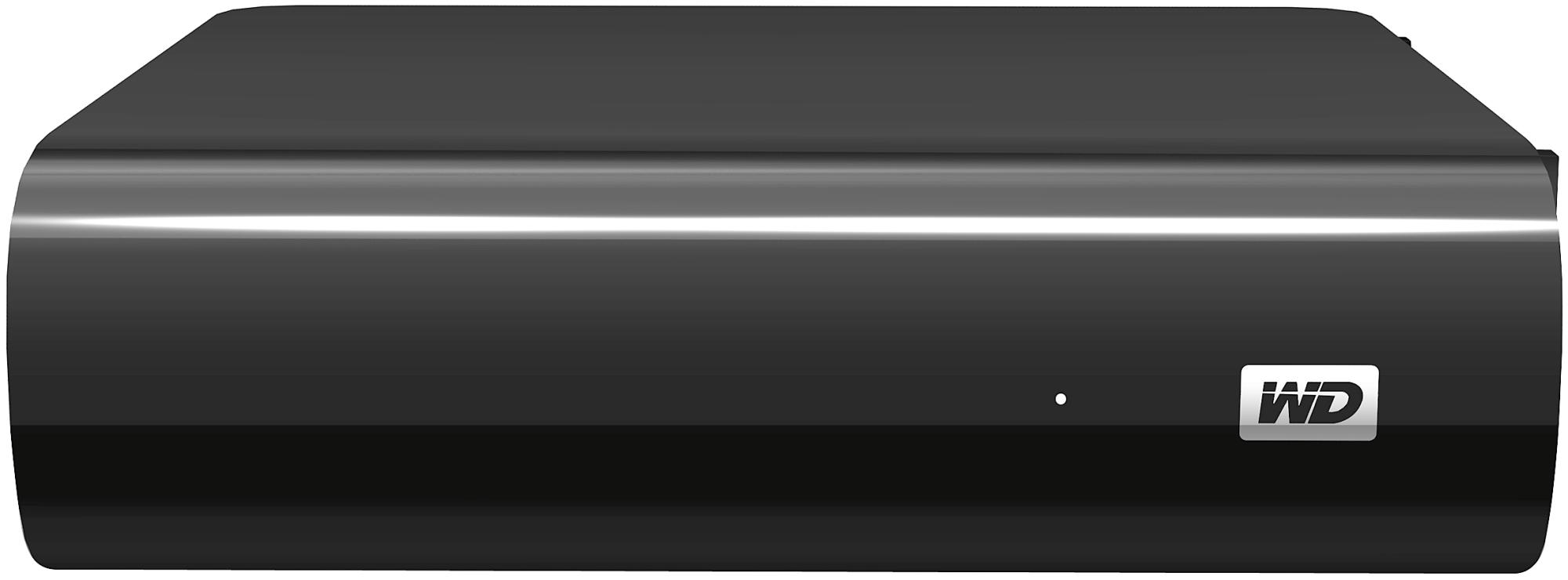 Eine schwarze WD Festplatte. Es hat ein einfaches, schlankes Design. Das WD-Logo ist sichtbar.