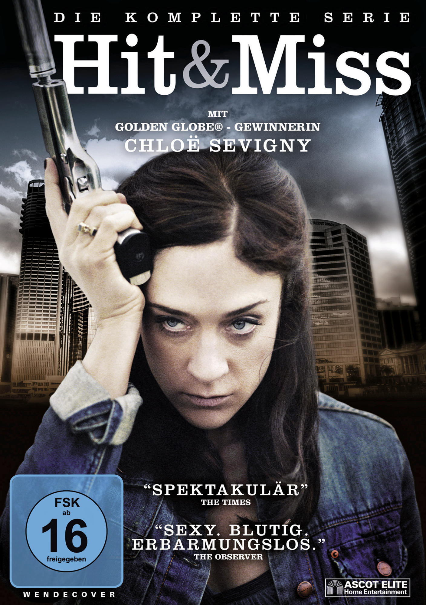 DVD-Cover von 'Hit & Miss'. Eine Frau hält eine Pistole, im Hintergrund Stadtgebäude.