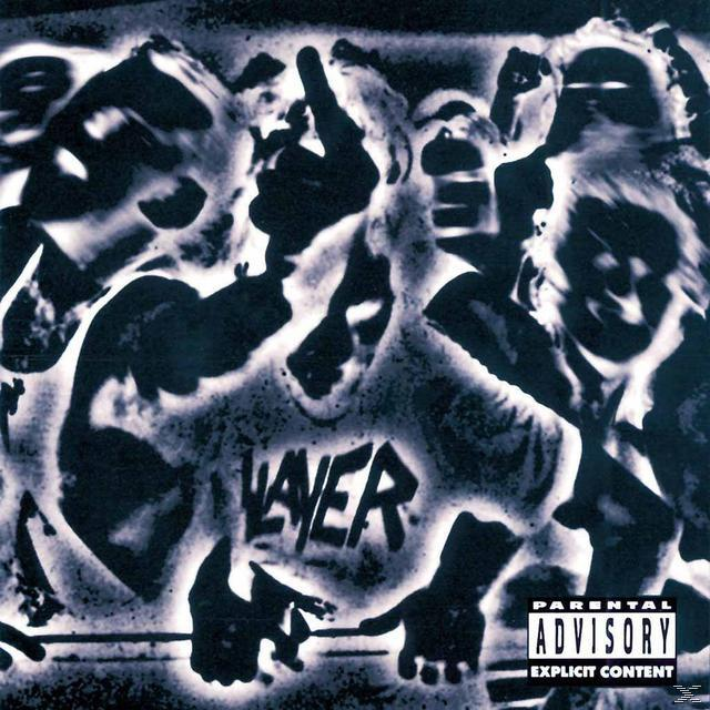 Slayer-Albumcover, Schwarz-Weiß. Figuren und Text im dunklen Stil. 'Slayer' steht fett geschrieben. Parental Advisory.
