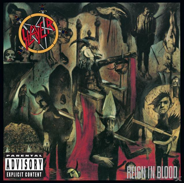 Albumcover mit einer dunklen und chaotischen Szene mit Figuren und einem Bandlogo. Der Titel 'Reign in Blood' ist sichtbar.