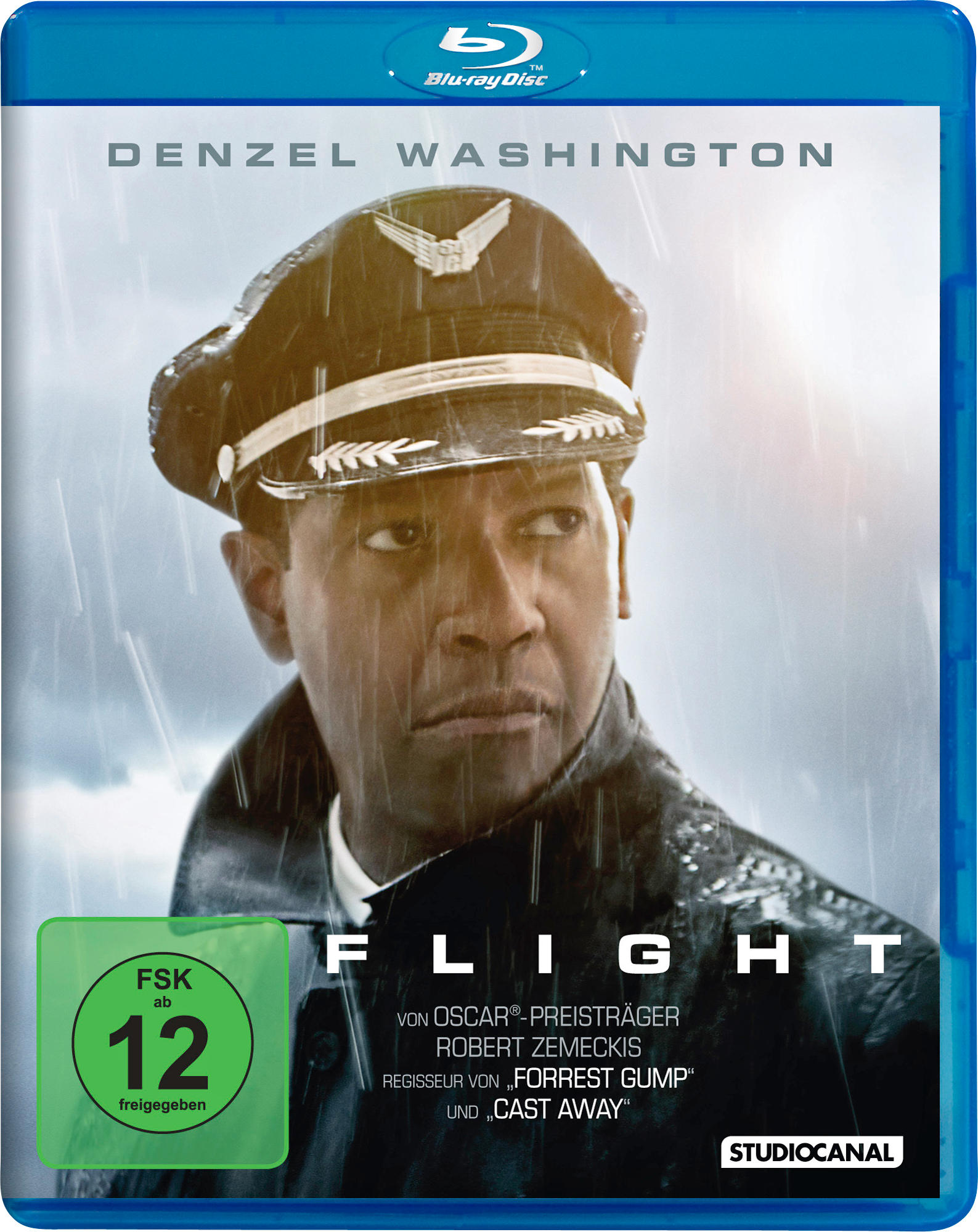 Blu-ray-Hülle für Flight. Denzel Washington trägt Pilotenuniform. Der Hintergrund ist regnerisch.
